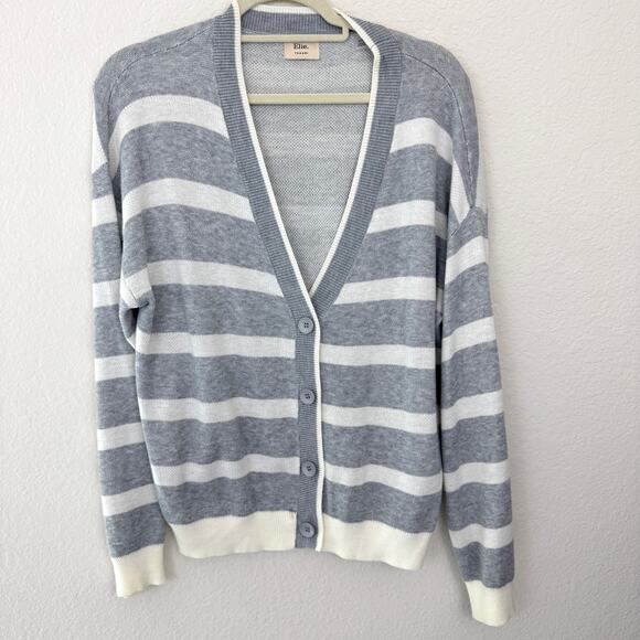 Elie Tahari Womens Cardigan Sweater Size XL Stripe Knit Preppy Academia Gray - Picture 1 of 8